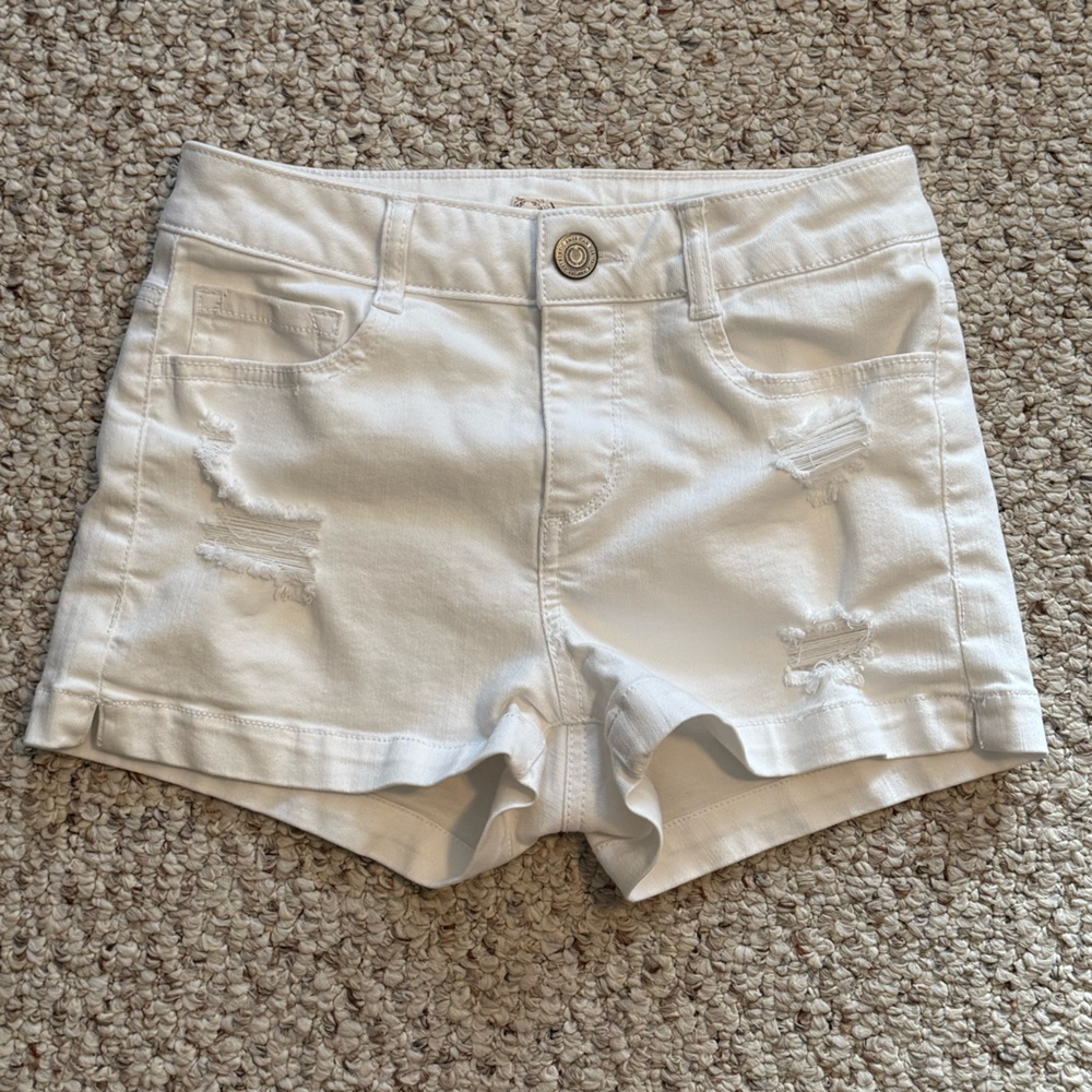 White Distressed Denim Shorts.